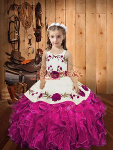 Floor Length Fuchsia Girls Pageant Dresses Organza Sleeveless Embroidery and Ruffles