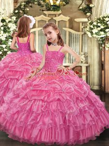 Fantastic Rose Pink Straps Neckline Beading and Ruffled Layers and Pick Ups Child Pageant Dress Sleeveless Lace Up