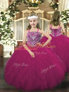 Elegant Straps Sleeveless Tulle Evening Gowns Beading and Ruffles Lace Up