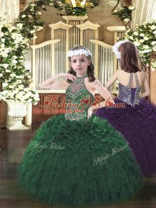 Sleeveless Organza Floor Length Lace Up Little Girl Pageant Dress in Dark Green with Beading and Ruffles