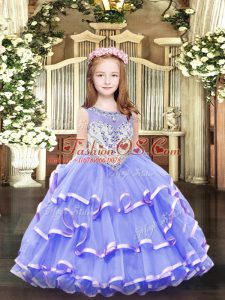 Lavender Organza Zipper Little Girls Pageant Dress Sleeveless Floor Length Beading and Ruffled Layers