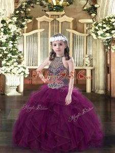 Organza Halter Top Sleeveless Lace Up Beading and Ruffles Pageant Dress Wholesale in Purple
