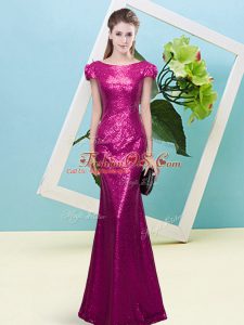 Dazzling Scoop Cap Sleeves Zipper Fuchsia Sequined