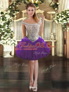 Latest Sleeveless Tulle Mini Length Zipper Prom Party Dress in Purple with Beading and Ruffles