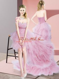 High Low Baby Pink Court Dresses for Sweet 16 Tulle Sleeveless Beading and Ruffled Layers