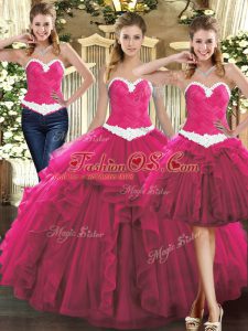 Fuchsia Ball Gowns Ruffles Quinceanera Dresses Lace Up Tulle Sleeveless Floor Length