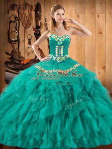 Best Selling Turquoise Ball Gowns Sweetheart Sleeveless Satin and Organza Floor Length Lace Up Embroidery and Ruffles Vestidos de Quinceanera