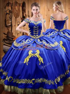 Gorgeous Off The Shoulder Sleeveless Quinceanera Dresses Floor Length Beading and Embroidery Royal Blue Satin and Organza