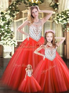 On Sale Red Sleeveless Beading Floor Length Sweet 16 Dress