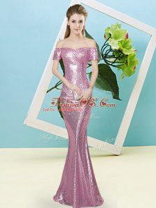 Best Short Sleeves Zipper Floor Length Sequins Prom Party Dress
