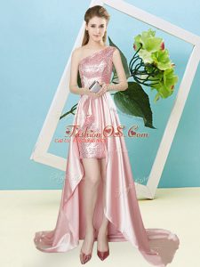 Great Baby Pink Elastic Woven Satin and Sequined Lace Up Prom Dress Sleeveless High Low Sequins