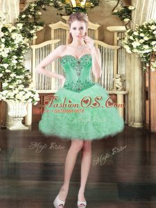 Apple Green Organza Lace Up Prom Evening Gown Sleeveless Mini Length Beading and Ruffles and Pick Ups