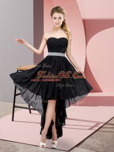 Artistic Sleeveless Chiffon High Low Lace Up Dama Dress in Black with Beading