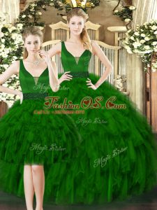 Deluxe Floor Length Lace Up Vestidos de Quinceanera Dark Green for Military Ball and Sweet 16 and Quinceanera with Beading and Ruffles