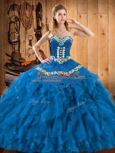 Blue Satin and Organza Lace Up Sweetheart Sleeveless Floor Length Quinceanera Gowns Embroidery and Ruffles