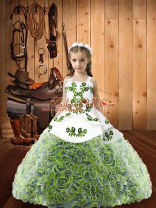 Hot Selling Multi-color Fabric With Rolling Flowers Lace Up Straps Sleeveless Floor Length Pageant Gowns For Girls Embroidery and Ruffles