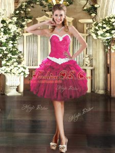 Sweet Fuchsia Sleeveless Mini Length Appliques and Ruffles Lace Up Evening Dress