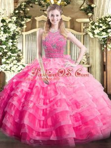 Classical Sleeveless Floor Length Beading and Ruffled Layers Zipper Sweet 16 Dress with Rose Pink