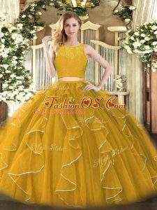 Scoop Sleeveless Quinceanera Gowns Floor Length Lace and Ruffles Gold Organza