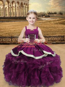 Sleeveless Organza Floor Length Lace Up Little Girls Pageant Dress Wholesale in Purple with Beading and Ruffles