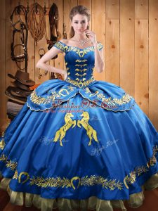 Blue Satin and Organza Lace Up Quinceanera Gown Sleeveless Floor Length Beading and Embroidery
