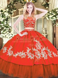 Cheap Red Tulle Zipper Quinceanera Gowns Sleeveless Floor Length Beading and Appliques