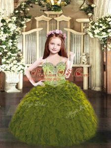 Olive Green Spaghetti Straps Lace Up Beading and Ruffles Little Girl Pageant Gowns Sleeveless