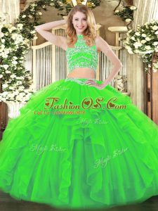 Fancy Vestidos de Quinceanera Military Ball and Sweet 16 and Quinceanera with Beading and Ruffles High-neck Sleeveless Backless