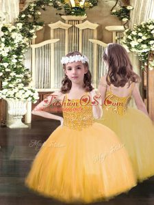 Charming Orange Ball Gowns Tulle Spaghetti Straps Sleeveless Beading Floor Length Lace Up Little Girl Pageant Dress