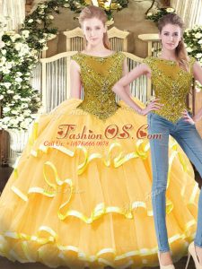 Gold Zipper Ball Gown Prom Dress Beading and Ruffled Layers Sleeveless Floor Length