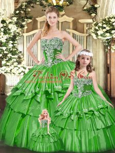 Floor Length Lace Up Sweet 16 Dresses Green for Military Ball and Sweet 16 and Quinceanera with Beading and Ruffled Layers