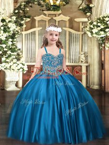 Blue Ball Gowns Beading Little Girl Pageant Dress Lace Up Satin Sleeveless Floor Length