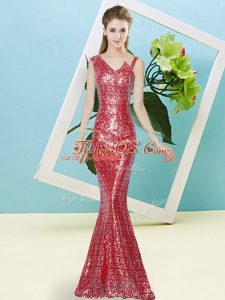 Classical Floor Length Zipper Dress for Prom Red for Prom and Party with Sequins