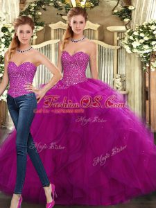 Noble Fuchsia Sleeveless Floor Length Beading and Ruffles Lace Up Sweet 16 Dress
