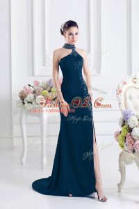 Navy Blue Halter Top Lace Up Beading Dress for Prom Sweep Train Sleeveless