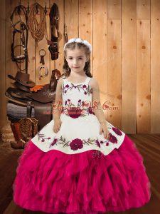 Fuchsia Lace Up Kids Formal Wear Embroidery and Ruffles Sleeveless Floor Length
