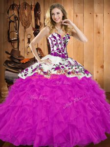 Elegant Fuchsia Tulle Lace Up Sweetheart Sleeveless Floor Length Sweet 16 Dresses Embroidery and Ruffles