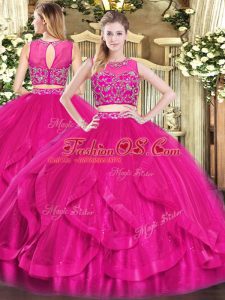 Extravagant Floor Length Hot Pink Sweet 16 Dress Tulle Sleeveless Beading and Ruffles