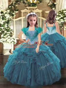Teal Sleeveless Organza Lace Up Girls Pageant Dresses for Party and Sweet 16 and Quinceanera and Wedding Party