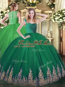 Dark Green Zipper Straps Lace and Appliques Vestidos de Quinceanera Tulle Sleeveless
