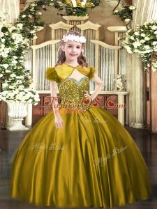 Brown Ball Gowns Beading Pageant Gowns For Girls Lace Up Satin Sleeveless Floor Length