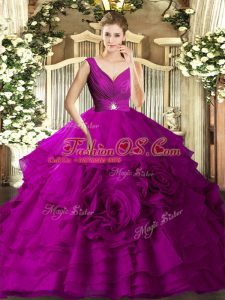 Hot Selling Fuchsia Organza Backless V-neck Sleeveless Floor Length Quince Ball Gowns Beading and Ruching