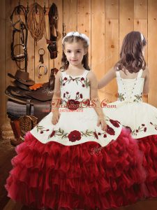 Gorgeous Sleeveless Organza Floor Length Lace Up Little Girls Pageant Gowns in Red with Ruffled Layers