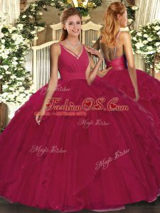 Ball Gowns Quinceanera Dresses Fuchsia V-neck Tulle Sleeveless Floor Length Backless