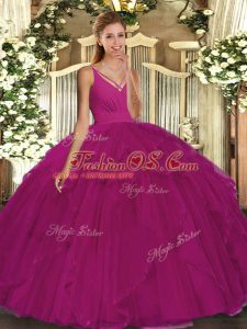 Great Sleeveless Tulle Floor Length Backless 15th Birthday Dress in Fuchsia with Beading and Ruffles