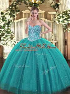 Vintage Sweetheart Sleeveless Lace Up 15 Quinceanera Dress Turquoise Tulle