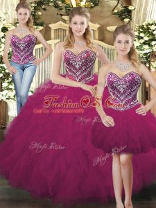 Fuchsia Sweetheart Lace Up Beading and Ruffles Sweet 16 Dresses Sleeveless