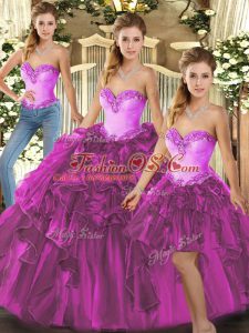Gorgeous Floor Length Fuchsia Quinceanera Dress Organza Sleeveless Beading and Ruffles