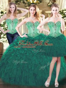 Green Lace Up Sweetheart Beading and Ruffles Quinceanera Dress Organza Sleeveless