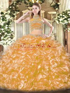 Gold Backless High-neck Beading and Ruffles Quinceanera Dress Tulle Sleeveless